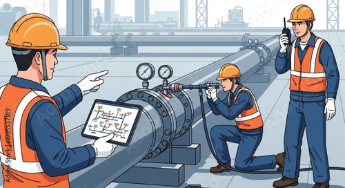 Industrial workers inspecting pipeline equipment with tablet and radio.