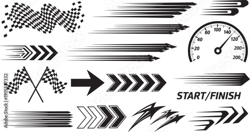 Vector speed lines, racing flags, and speedometer set. Black and white motion blur arrows, start finish line elements, isolated on white.