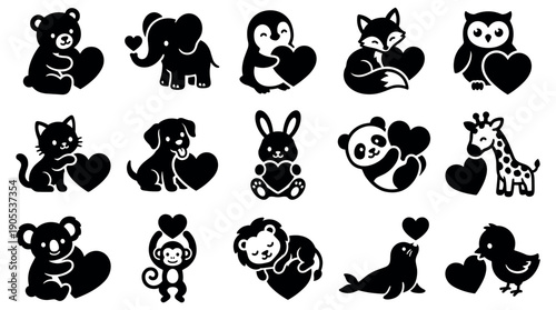 Collection of cute black animal silhouettes holding hearts, featuring a bear, elephant, penguin, and fox in a lovely graphic icon set for romantic and sweet themes