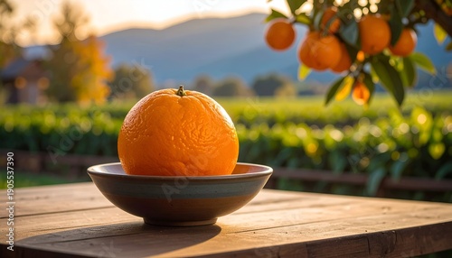 Ripe orange sits in a bowl on a wood table, orchard background, sunny day