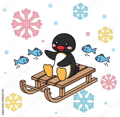Kawaii penguin character riding a wooden sled with flying fish and pastel snowflakes
