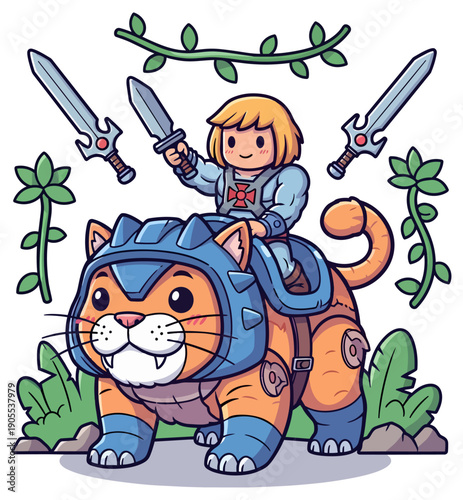 Adorable fantasy hero character riding giant armored jungle cat holding mighty sword