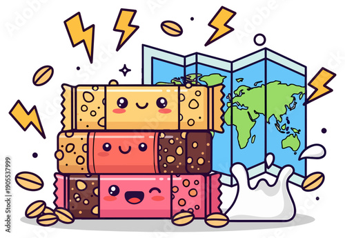 Kawaii Energy Bars Stacked with World Map and Lightning Bolts Power Snack Icon