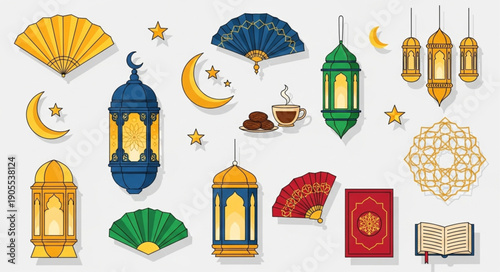 Islamic cultural elements and symbols for Ramadan and Eid celebrations.