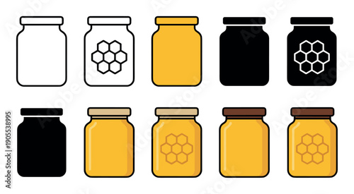 Set of honey jar icons in various styles including line art, silhouette, and flat color with honeycomb labels for food packaging design and graphic elements