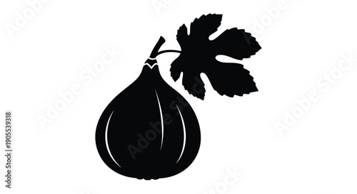 A striking black silhouette depicts a fig fruit with a leafy stem against a white background silhouette high quality professional detailed modern