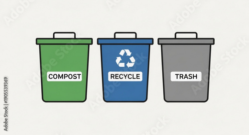 Colorful illustration of compost recycle and trash bins for waste sorting and eco friendly practices