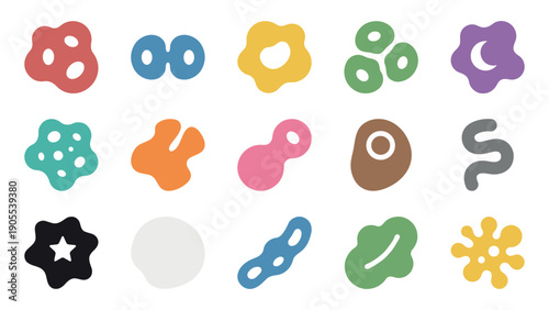 Set of colorful abstract organic shapes and geometric forms in a playful, minimalist flat design style, featuring various amoeba-like blobs and simple graphic design elements