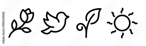 Set of four black line art icons featuring a rose, bird, leaf, and sun, representing nature, peace, and spring in a minimalist, hand-drawn style for graphic design