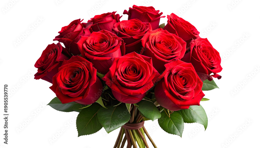 Obraz premium Beautiful bouquet of red roses on a transparent background, perfect for Valentine’s Day designs, romantic cards, floral illustrations, and love-themed projects.
