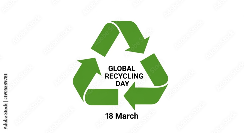 Obraz premium Green recycling symbol with global recycling day text on white background