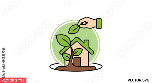 Hand nurturing a green plant growing out of a house on brown soil with a green background symbolizing eco friendly living and sustainable housing