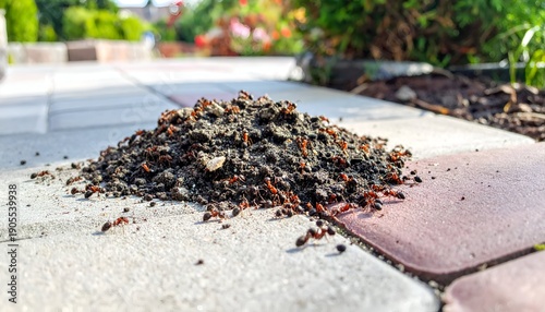 Red ants swarm a small dirt mound on patterned pavers, with a blurred garden background in bright daylight