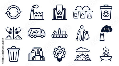 Set of recycling and pollution line icons illustrating waste management, factory emissions, sorting bins, garbage trucks, and landfill concepts for environmental awareness
