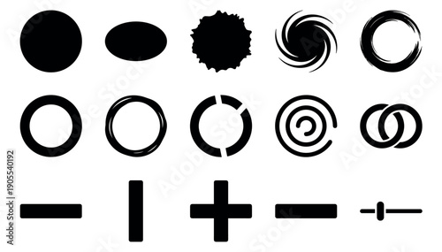 Set of black graphic design elements featuring various geometric and abstract shapes like circles, rings, swirls, and mathematical symbols for creative projects and user interfaces