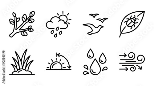 Set of black line art icons depicting nature and weather elements like a branch, rain, birds, bug, grass, sunset, water, and wind in a simple minimalist style