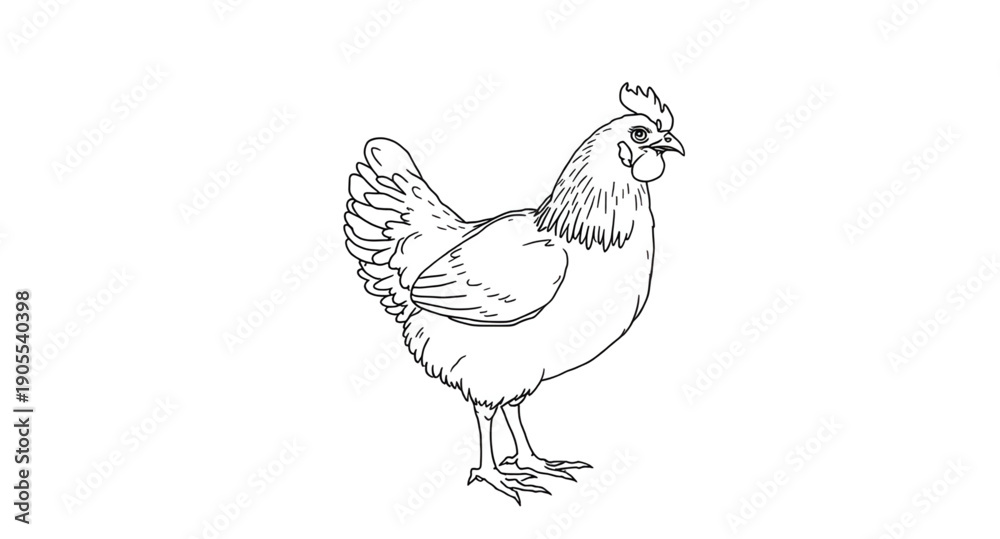 Obraz premium chicken, hen, poultry, bird, farm, rural, agriculture, livestock, barn, countryside, feathered, beak, wings, tailfeather, egg, eggs, nature, animal, outline, lineart, drawing, sketch, illustration, ve
