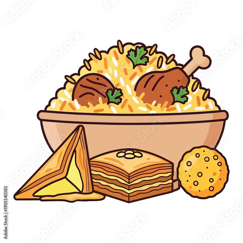 Delicious biryani served in a bowl with chicken legs, accompanied by samosa and sweet pastry.