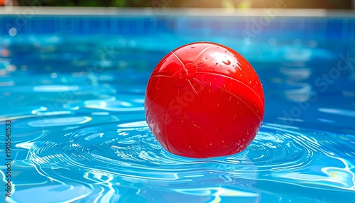 Red beach ball gently ripples blue pool water, reflecting sky. Sunny, vibrant, refreshing summertime scene