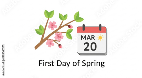 Spring season starts on march 20th with blooming cherry blossom branch and calendar