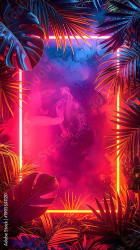 Tropical plants and monstera leaves framing glowing colorful rectangular light.