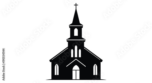 A striking black silhouette of a classic church building with a tall steeple demonstrating architectural detail silhouette high quality professional detailed modern