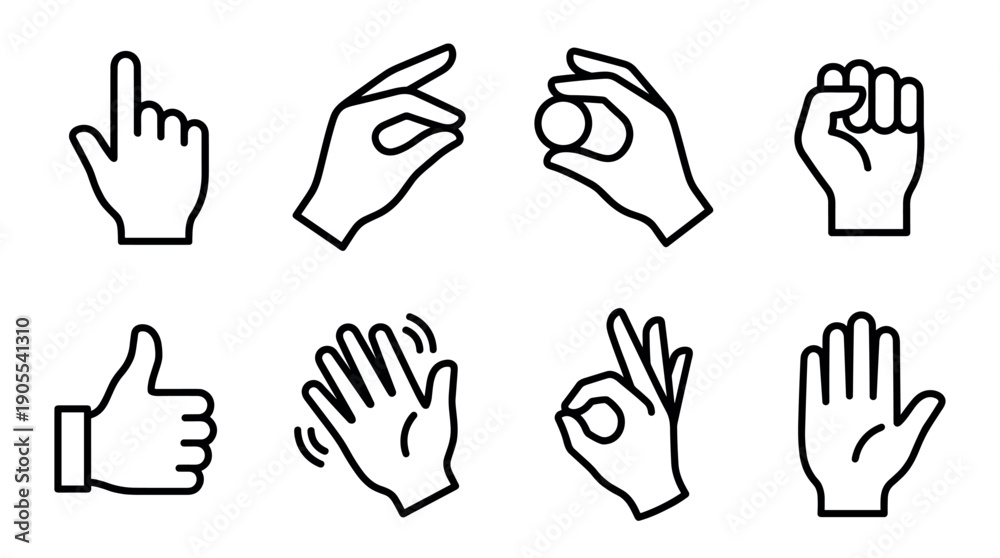 Obraz premium Collection of black line art hand gesture icons showing various signs like pointing, thumbs up, ok, stop, and waving in a minimalist vector style for user interface design