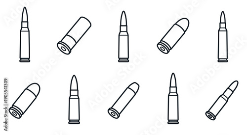 Collection of bullet and cartridge icons in a minimalist line art style, featuring various types of ammunition for rifles and handguns arranged in a scattered pattern