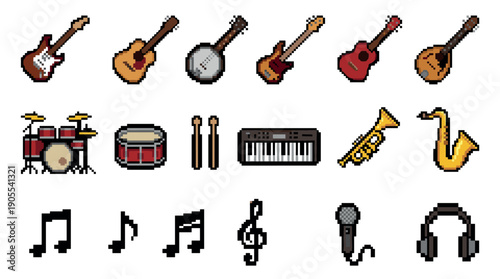 Pixel art collection of musical instruments and equipment icons featuring guitar, drums, keyboard, trumpet, and microphone in a retro 8-bit video game asset style