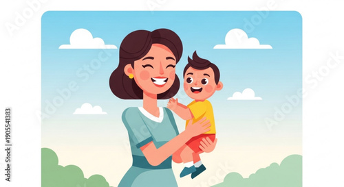 Happy mother holding smiling baby outdoors in sunny landscape