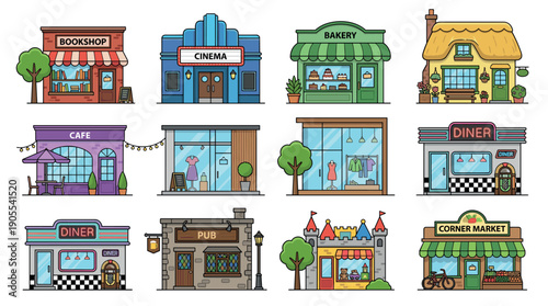 Collection of twelve colorful cartoon storefront icons including a bookshop, cinema, bakery, cafe, and diner, illustrated in a simple flat line art graphic design