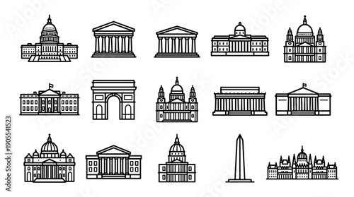 Collection of black line art icons depicting famous government buildings and world landmarks in a minimalist vector style, representing architectural symbols for travel and tourism