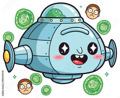 Kawaii style alien spaceship dimension traveling funny cartoon illustration