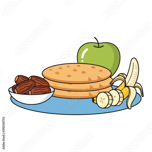 Healthy breakfast with pancakes, dates, apple, and banana slices on a blue plate.