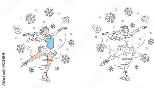 Beautiful female figure skater spinning on ice with winter snowflakes. Vector illustration set in colored and black and white outline style for coloring book or sport design.