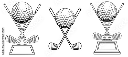 Golf trophy awards with ball and crossed clubs, sports competition prize