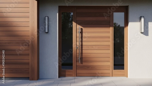 Modern wooden entrance of a home, featuring a door with sidelight and contemporary design