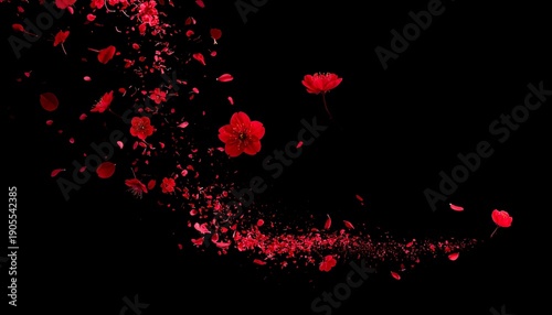 Red petals & flowers cascade diagonally down and left, isolated against a black background with gradient particle effect