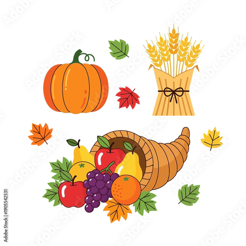 Thanksgiving Cornucopia of Harvest Fruits and Pumpkin