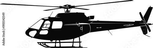 Helicopter silhouette illustration, black side view with rotor tail rotor skids cockpit windows, vector artwork, aviation and transport theme, isolated background