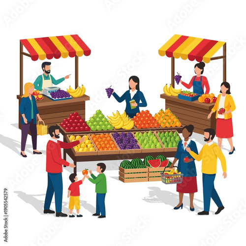 Vibrant Farmers Market Scene with Shoppers and Vendors