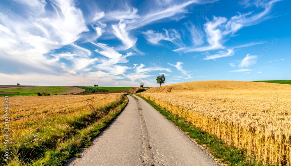 Naklejka premium Road leads through fields, capped by a vivid blue sky streaked with wispy white clouds