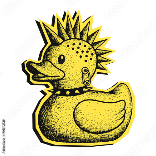 Photos Punk rubber duck with spiky collar and mohawk, rock animal illustration in retro