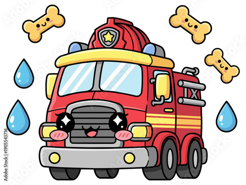 Adorable Cartoon Fire Truck Character Cute Kawaii Style Vector Graphic