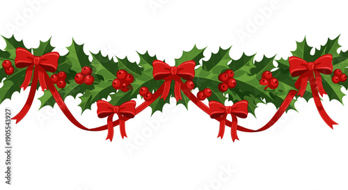 Christmas Holly Garland with Red Ribbons Decoration