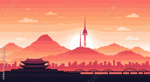 Seoul South Korea Landscape with Traditional Pagoda and Sunset