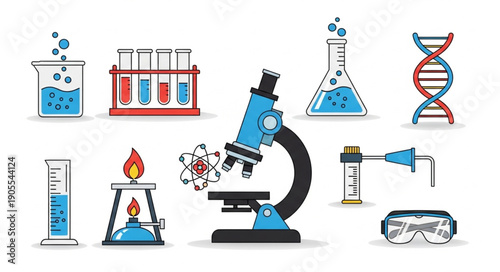 Microscope and Laboratory Equipment Icons Set.