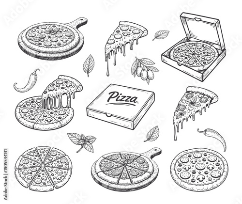 pizza in box vector sketch. Pizza sketch set vector,