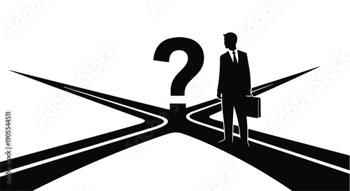 Businessman standing at crossroads with question mark