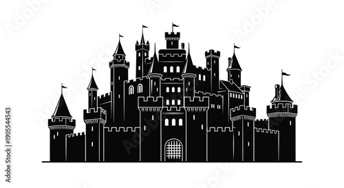 An intricate black silhouette depicts a majestic medieval castle with numerous towers and flags silhouette high quality professional detailed modern elegant stylish